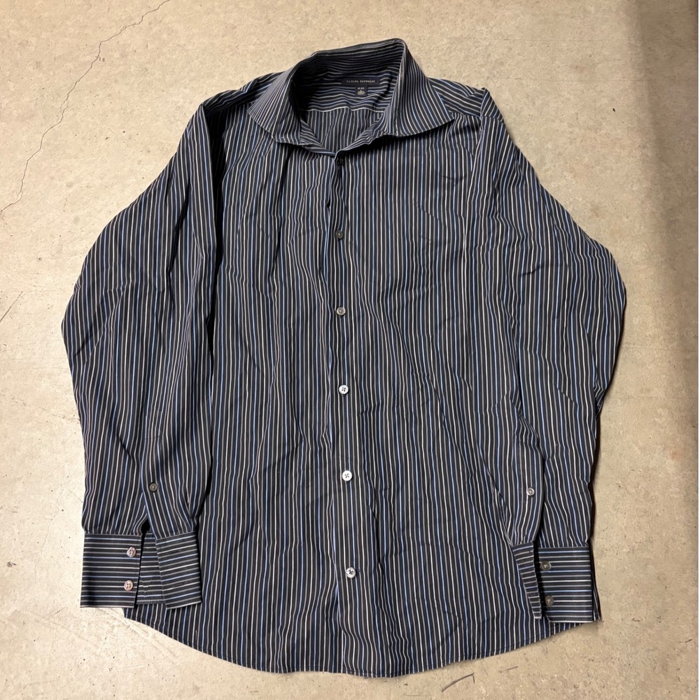 Banana Republic Mens Striped Dress Shirt Black Blue White Long Sleeve Size L